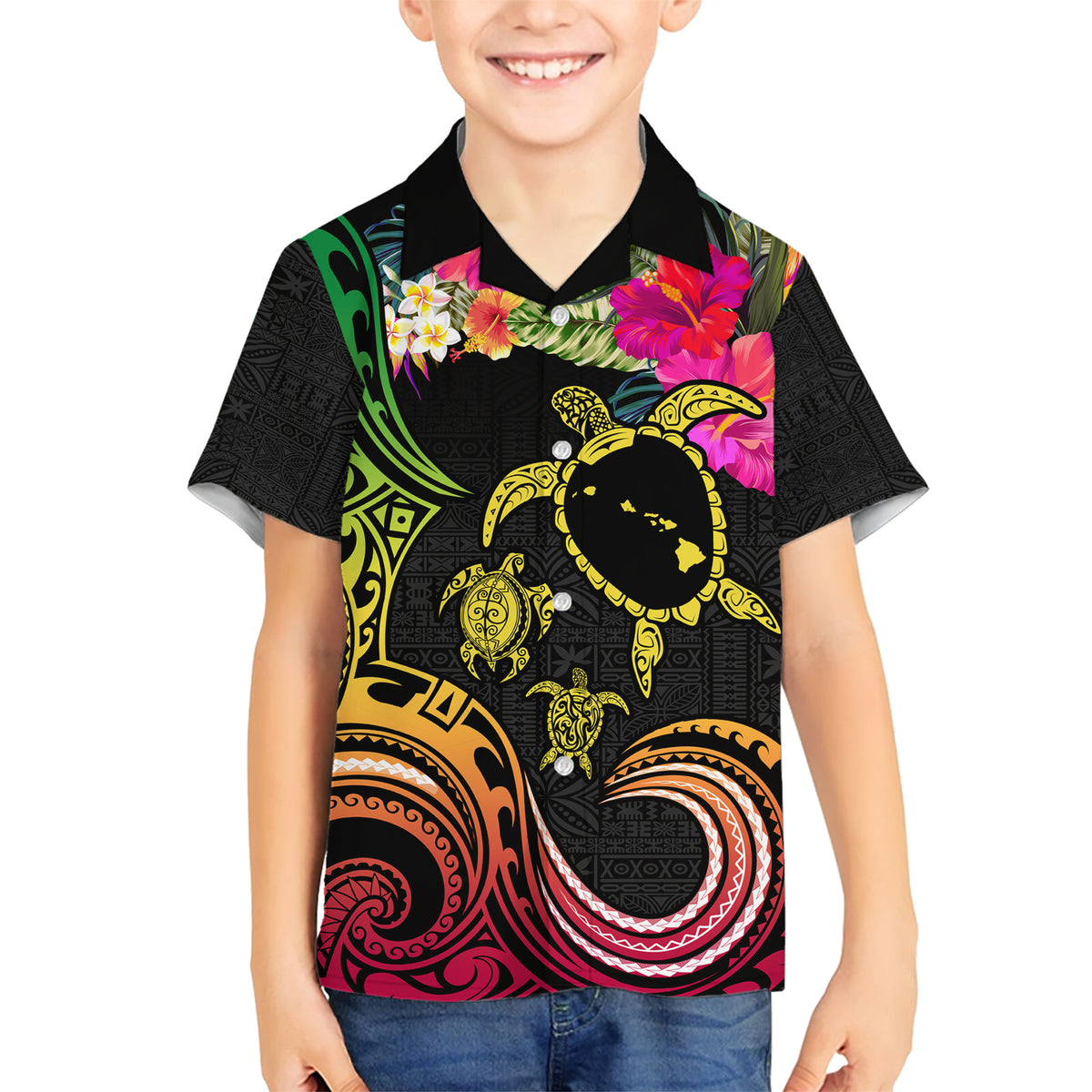 Hawaii Turtle Day Family Matching Short Sleeve Bodycon Dress and Hawaiian Shirt Polynesian Tattoo and Hibiscus Flowers LT03 Son's Shirt Black - Polynesian Pride