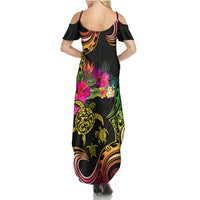 Hawaii Turtle Day Family Matching Summer Maxi Dress and Hawaiian Shirt Polynesian Tattoo and Hibiscus Flowers