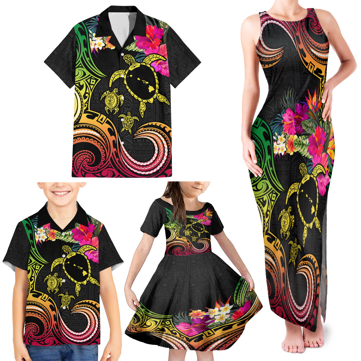 Hawaii Turtle Day Family Matching Tank Maxi Dress and Hawaiian Shirt Polynesian Tattoo and Hibiscus Flowers