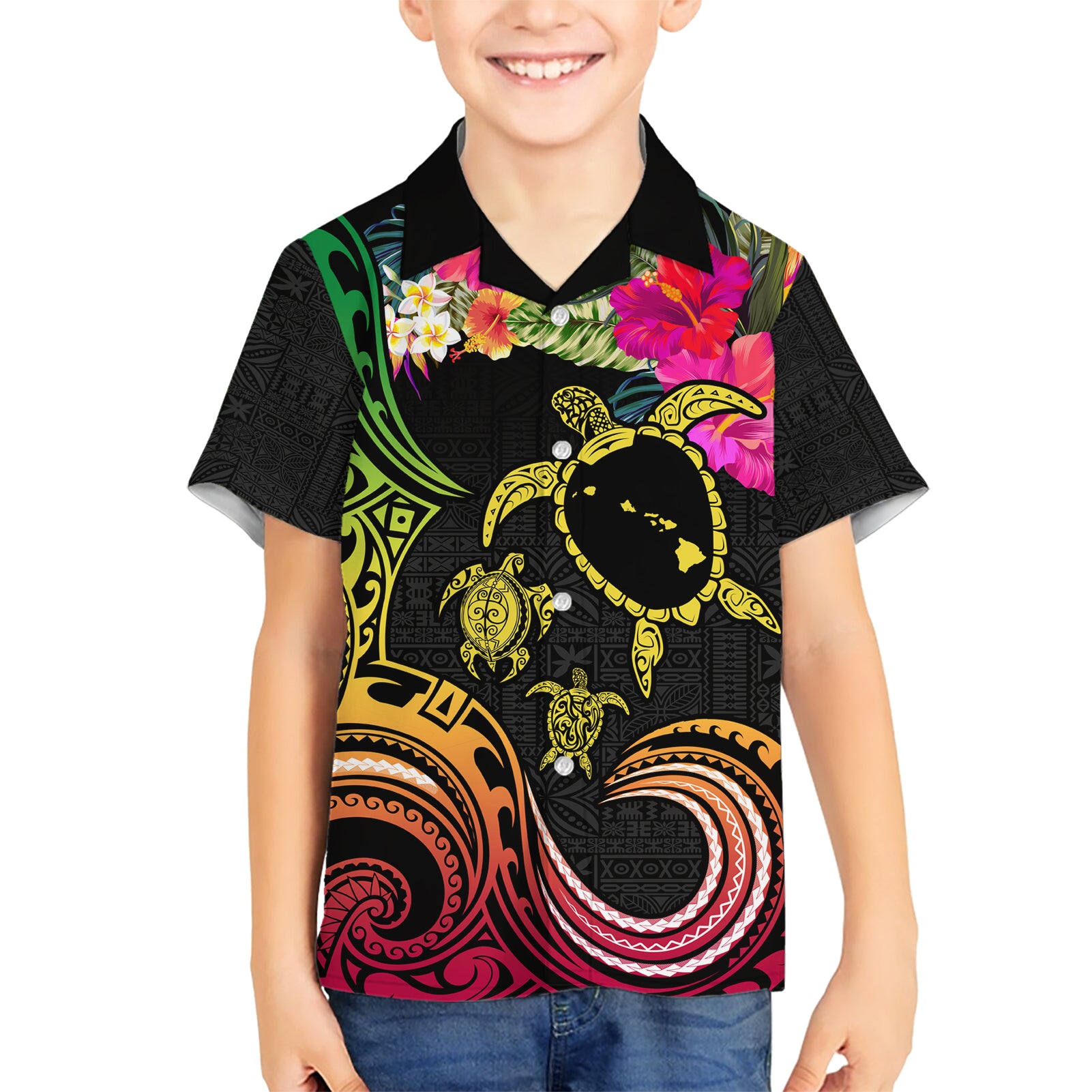 Hawaii Turtle Day Kid Hawaiian Shirt Polynesian Tattoo and Hibiscus Flowers