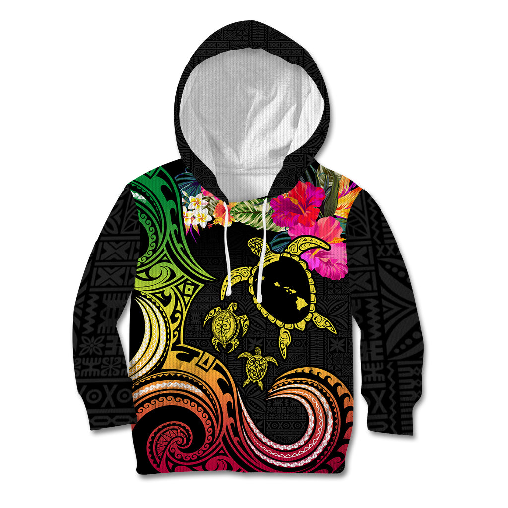 Hawaii Turtle Day Kid Hoodie Polynesian Tattoo and Hibiscus Flowers LT03 Hoodie Black - Polynesian Pride