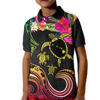Hawaii Turtle Day Kid Polo Shirt Polynesian Tattoo and Hibiscus Flowers