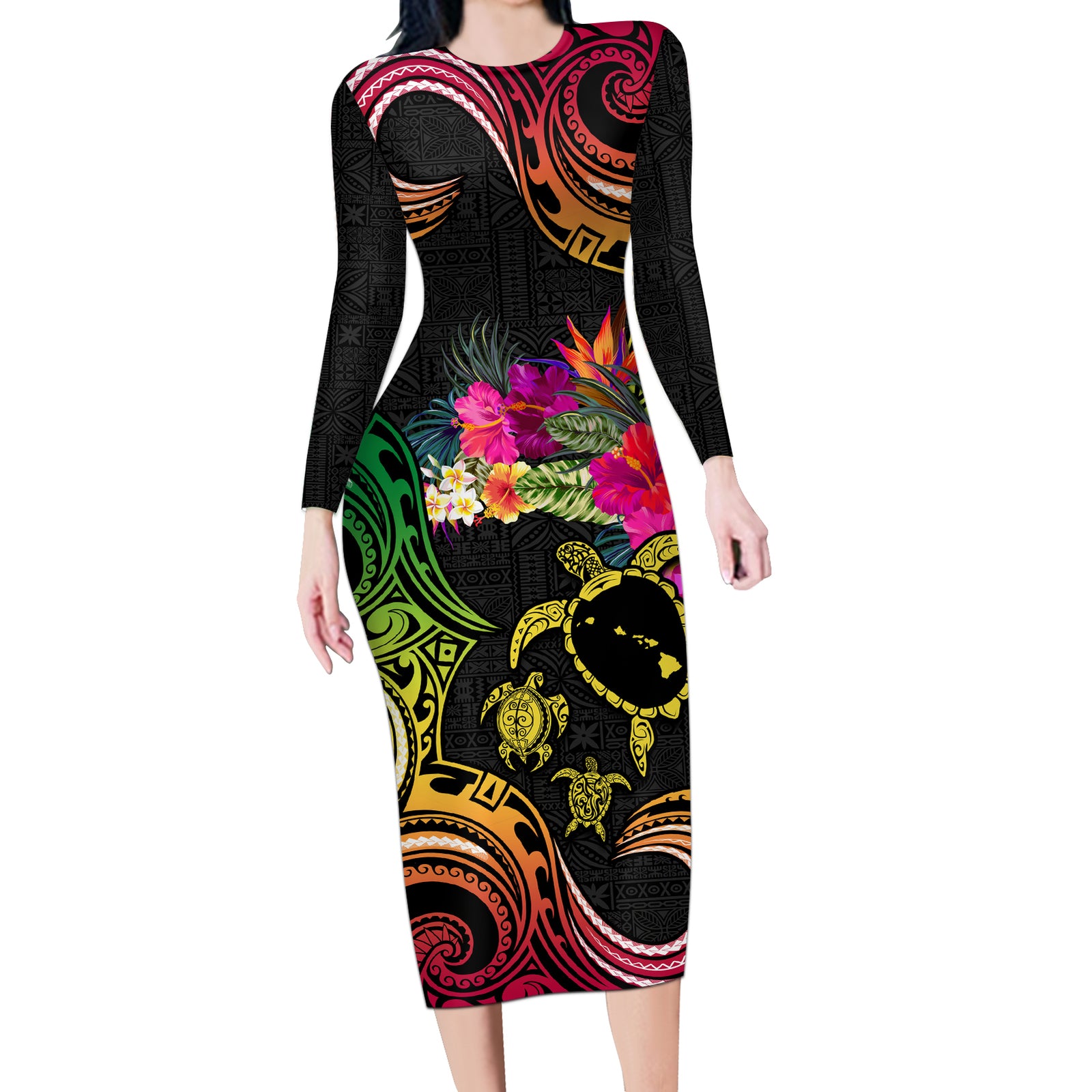 Hawaii Turtle Day Long Sleeve Bodycon Dress Polynesian Tattoo and Hibiscus Flowers LT03 Long Dress Black - Polynesian Pride