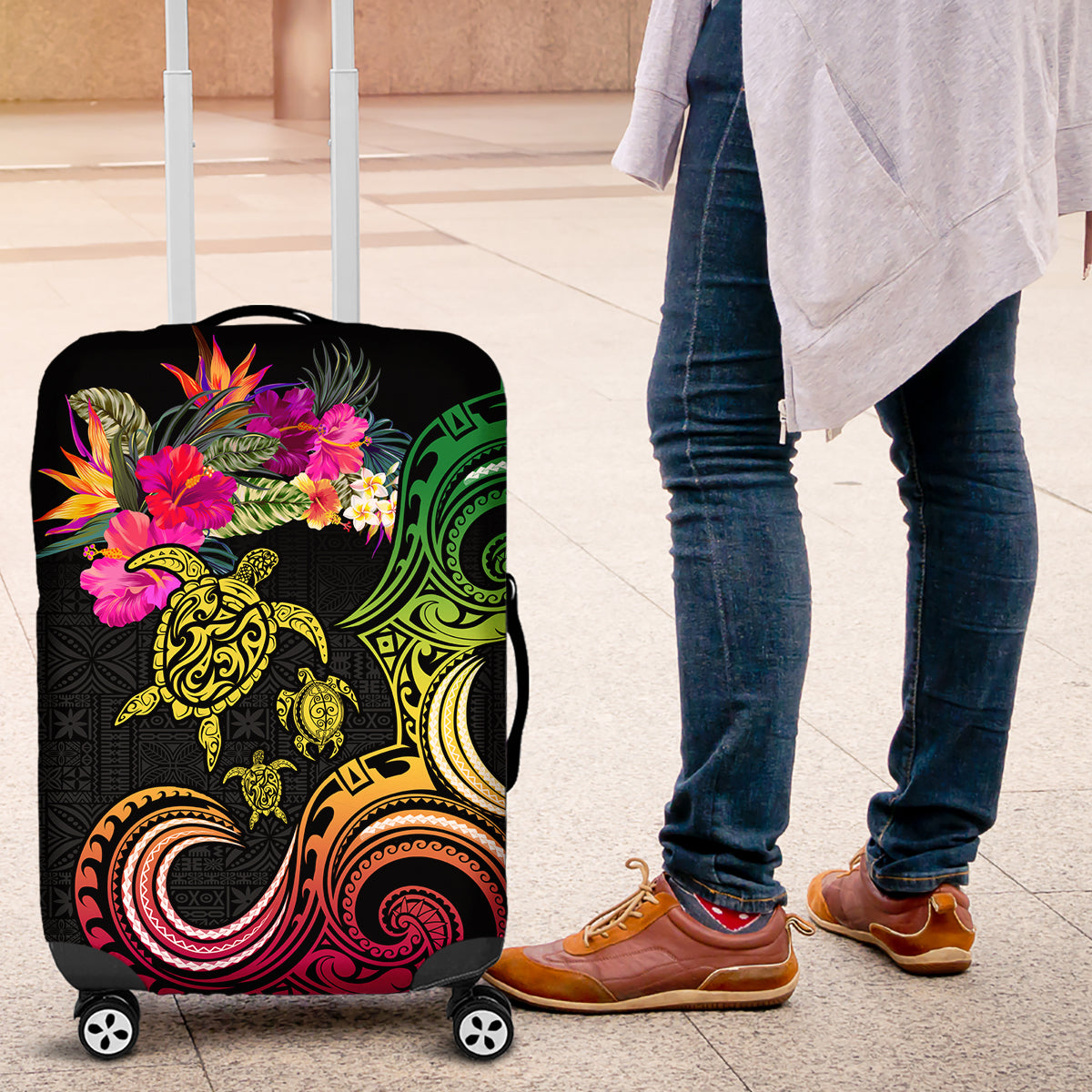 Hawaii Turtle Day Luggage Cover Polynesian Tattoo and Hibiscus Flowers