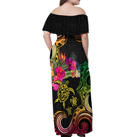 Hawaii Turtle Day Off Shoulder Maxi Dress Polynesian Tattoo and Hibiscus Flowers