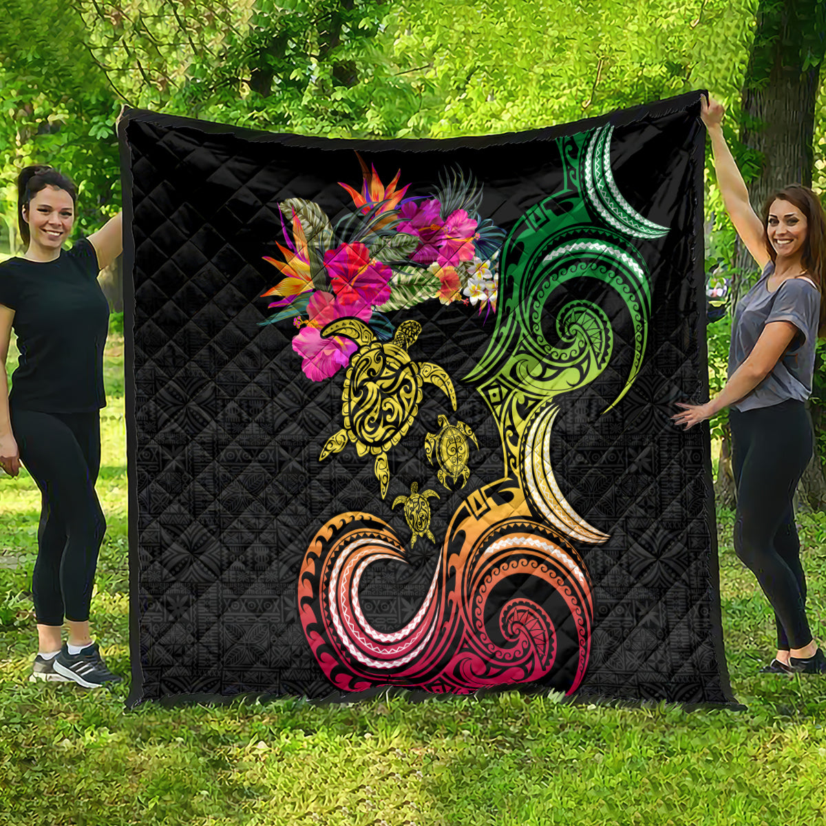 Hawaii Turtle Day Quilt Polynesian Tattoo and Hibiscus Flowers