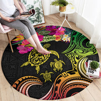 Hawaii Turtle Day Round Carpet Polynesian Tattoo and Hibiscus Flowers LT03 - Polynesian Pride
