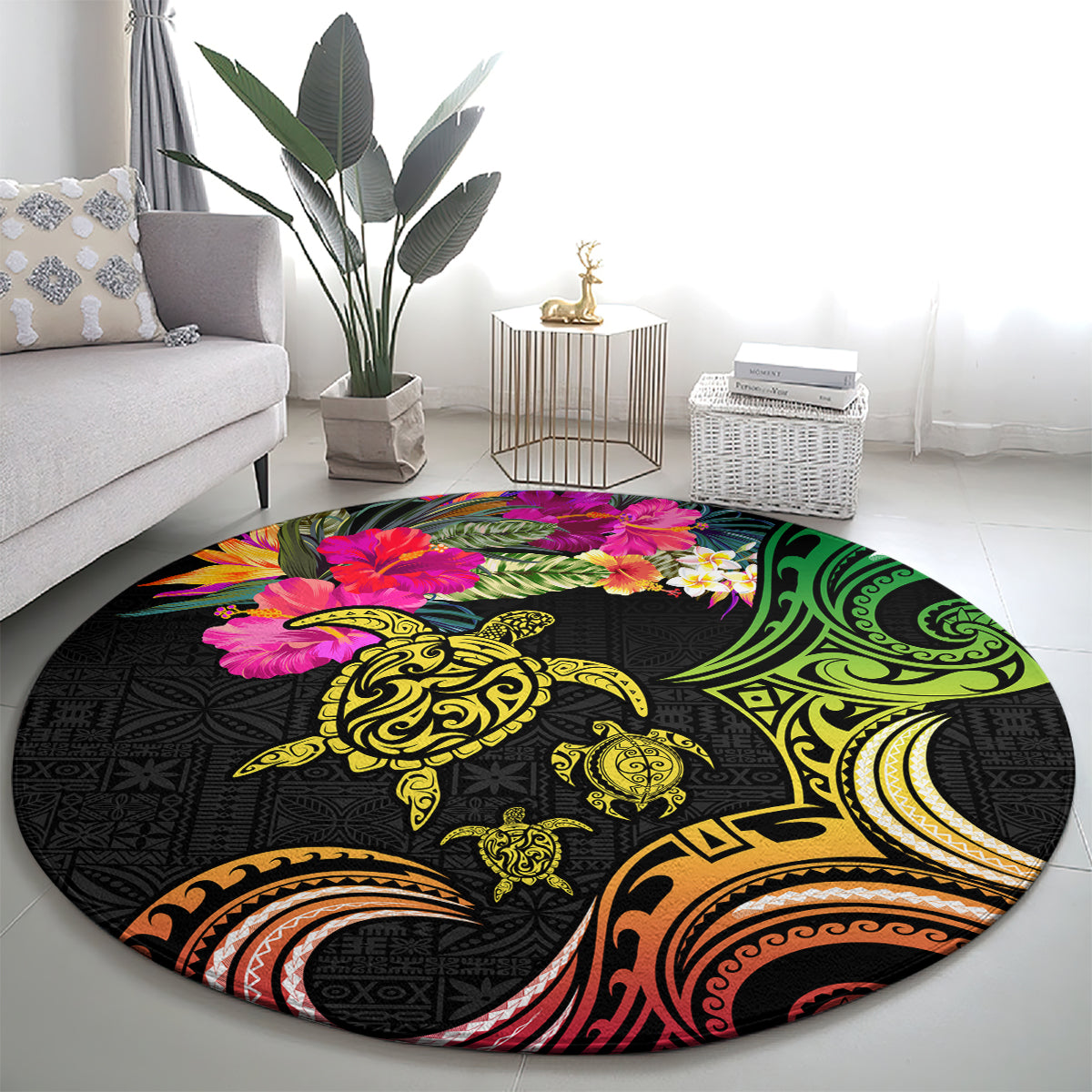 Hawaii Turtle Day Round Carpet Polynesian Tattoo and Hibiscus Flowers LT03 - Polynesian Pride