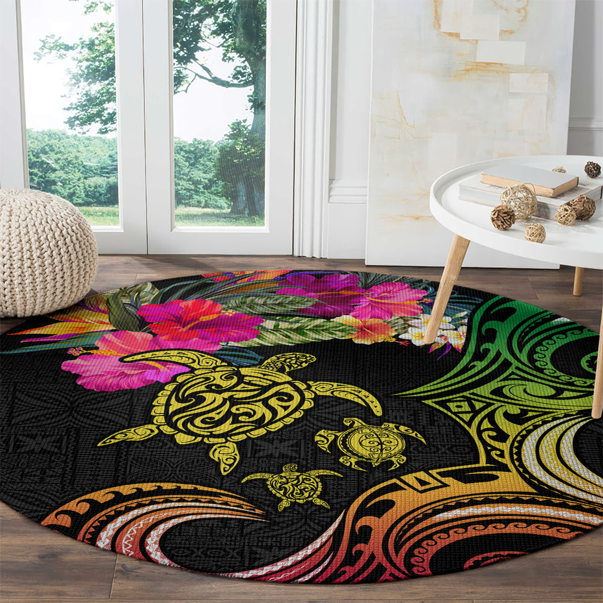 Hawaii Turtle Day Round Carpet Polynesian Tattoo and Hibiscus Flowers LT03 - Polynesian Pride