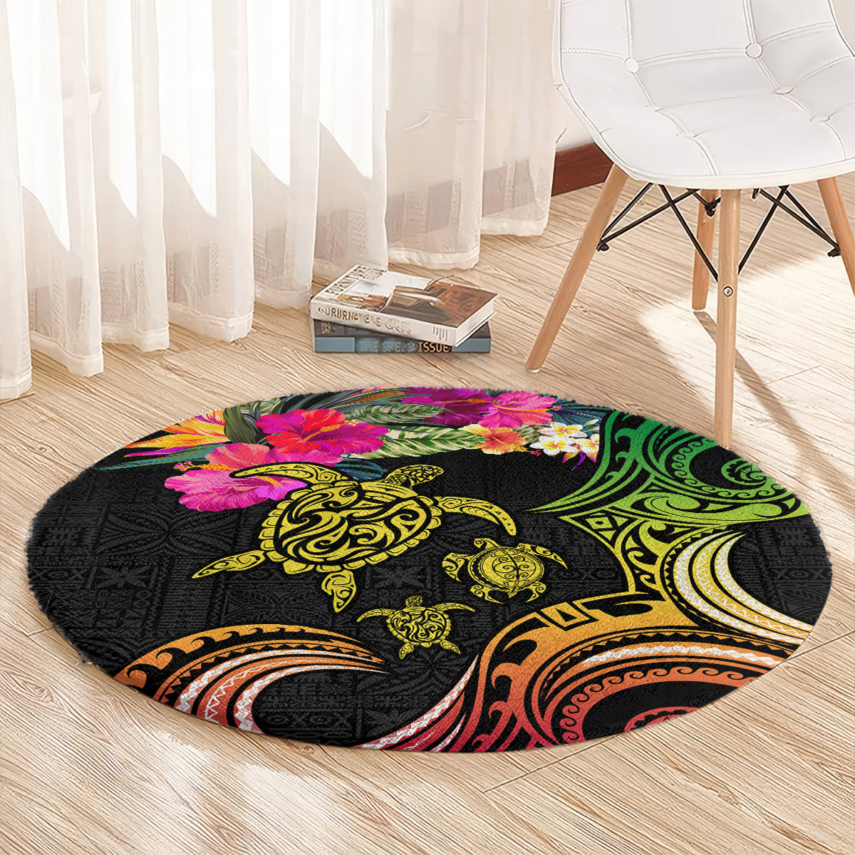 Hawaii Turtle Day Round Carpet Polynesian Tattoo and Hibiscus Flowers LT03 - Polynesian Pride