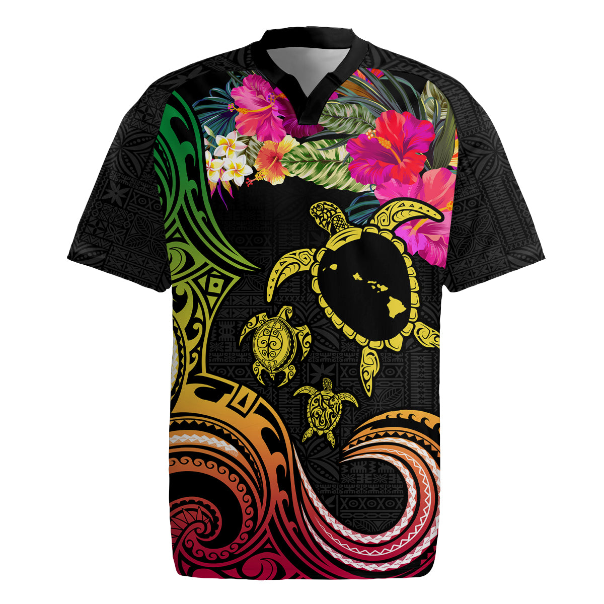 Hawaii Turtle Day Rugby Jersey Polynesian Tattoo and Hibiscus Flowers