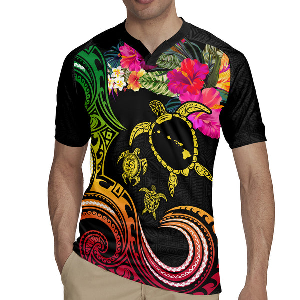 Hawaii Turtle Day Rugby Jersey Polynesian Tattoo and Hibiscus Flowers LT03