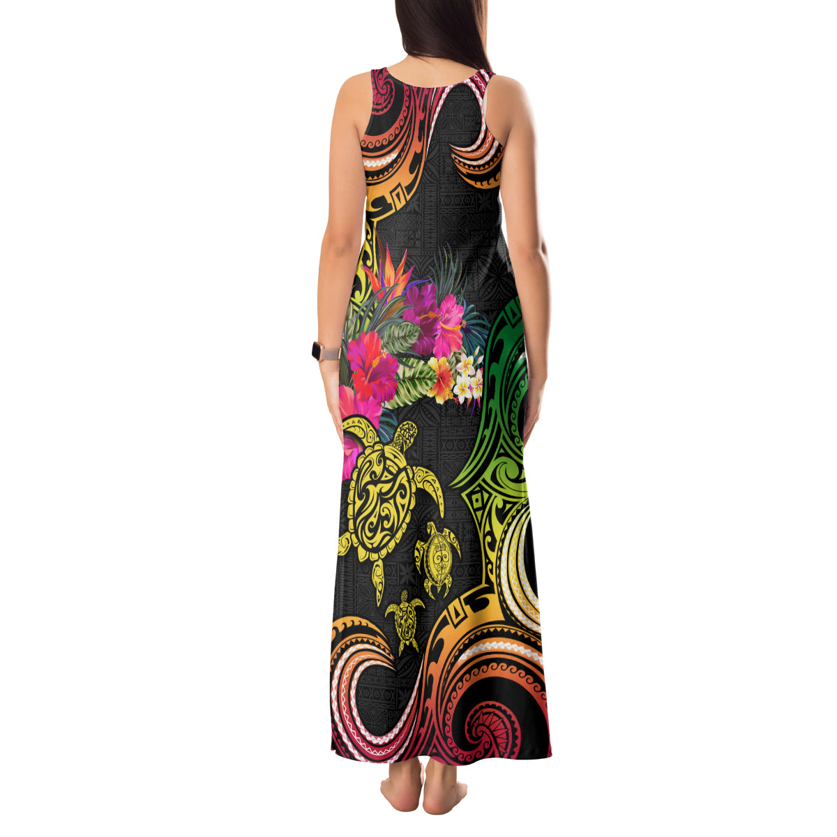 Hawaii Turtle Day Tank Maxi Dress Polynesian Tattoo and Hibiscus Flowers
