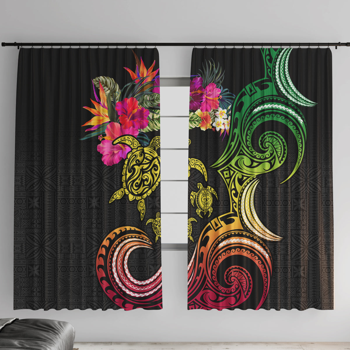 Hawaii Turtle Day Window Curtain Polynesian Tattoo and Hibiscus Flowers