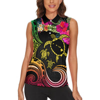 Hawaii Turtle Day Women Sleeveless Polo Shirt Polynesian Tattoo and Hibiscus Flowers