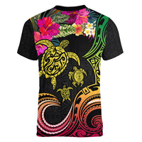 Hawaii Turtle Day Women V-Neck T-Shirt Polynesian Tattoo and Hibiscus Flowers