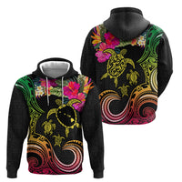 Hawaii Turtle Day Zip Hoodie Polynesian Tattoo and Hibiscus Flowers
