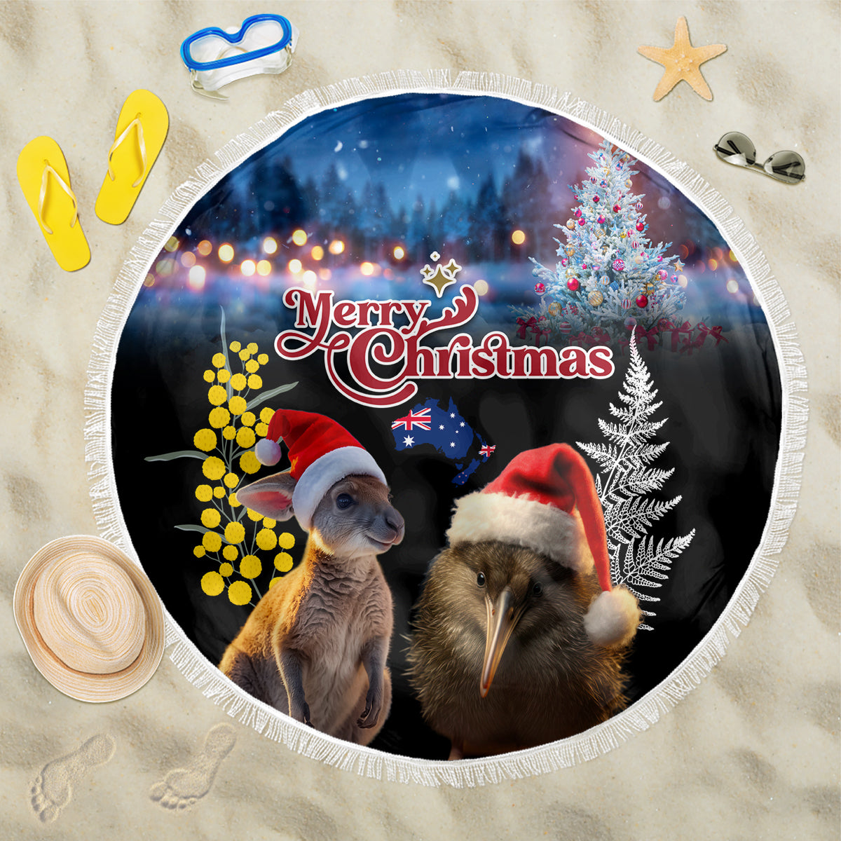 New Zealand and Australia Merry Christmas Beach Blanket Kiwi Bird and Kangaroo Xmas Vibe