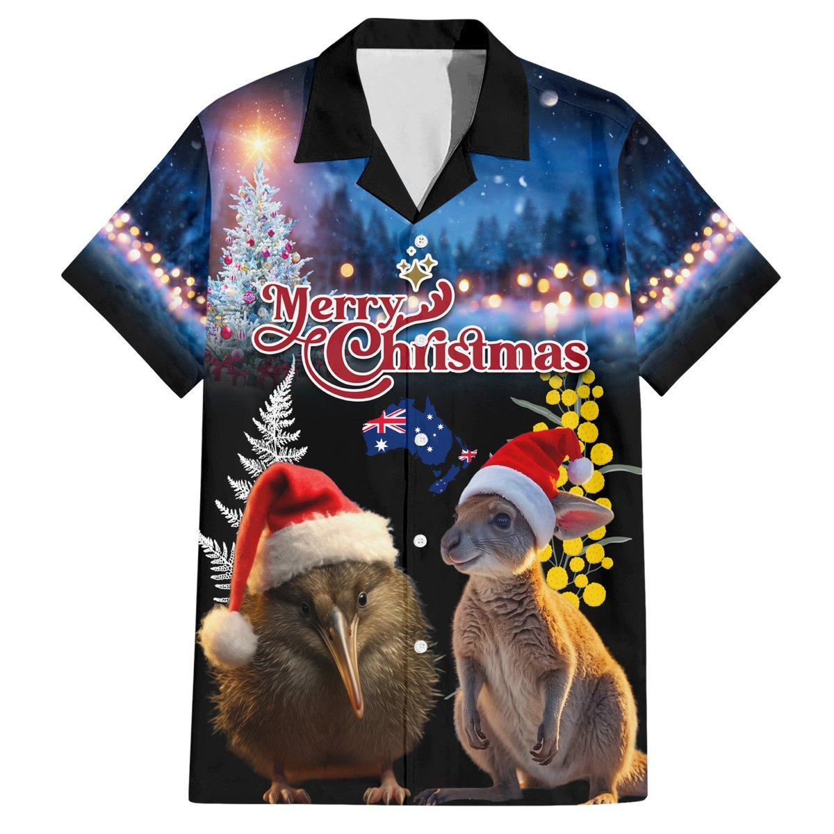 New Zealand and Australia Merry Christmas Hawaiian Shirt Kiwi Bird and Kangaroo Xmas Vibe LT03 Black - Polynesian Pride