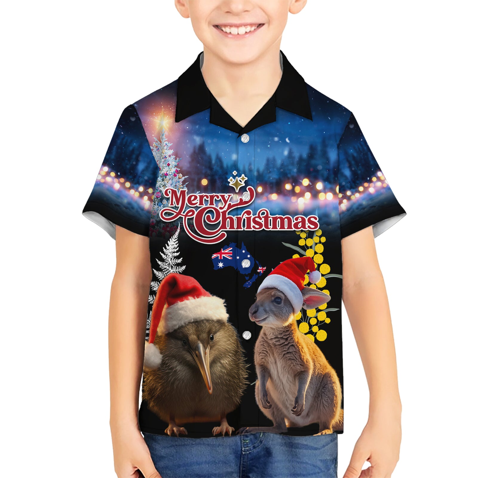 New Zealand and Australia Merry Christmas Kid Hawaiian Shirt Kiwi Bird and Kangaroo Xmas Vibe LT03 Kid Black - Polynesian Pride