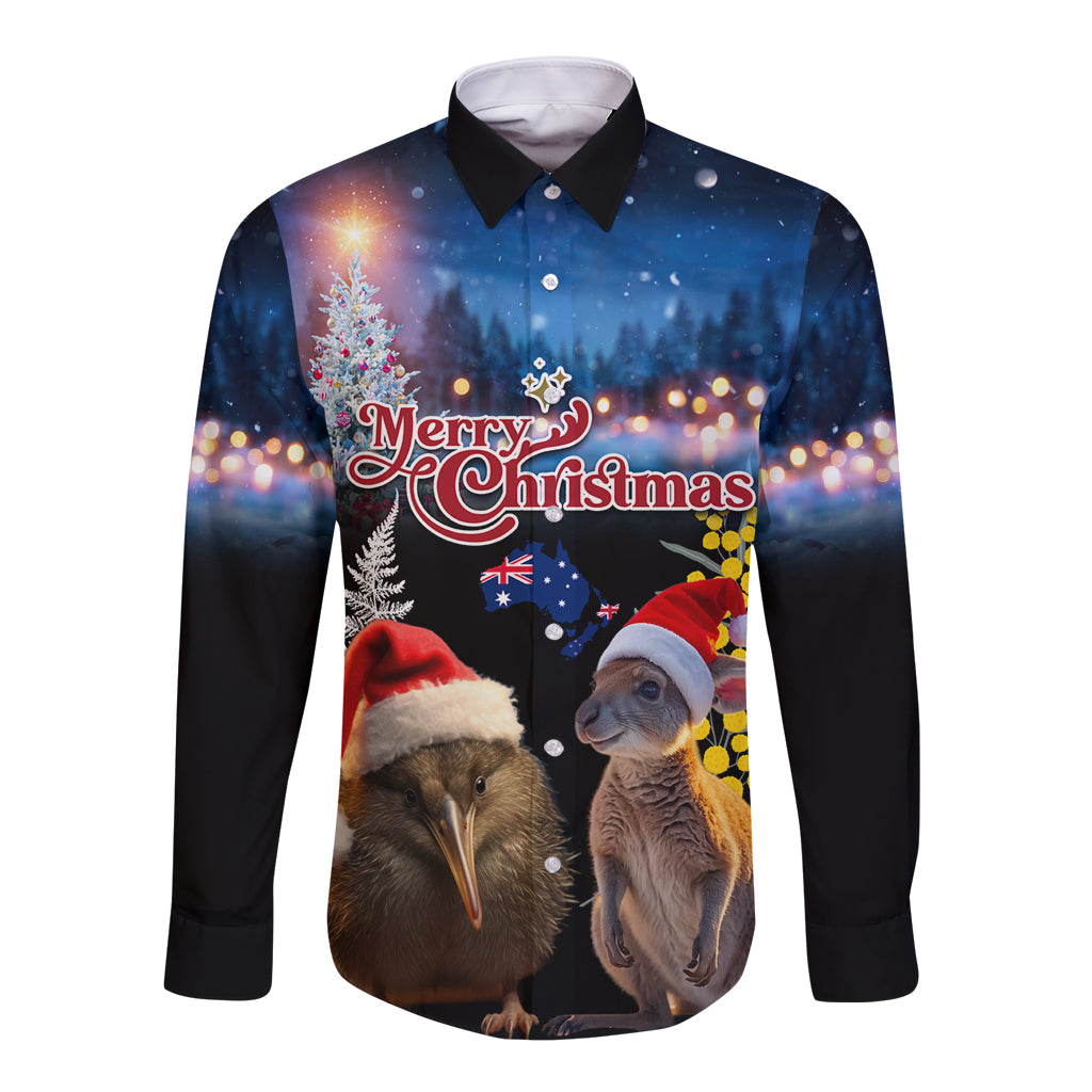 New Zealand and Australia Merry Christmas Long Sleeve Button Shirt Kiwi Bird and Kangaroo Xmas Vibe