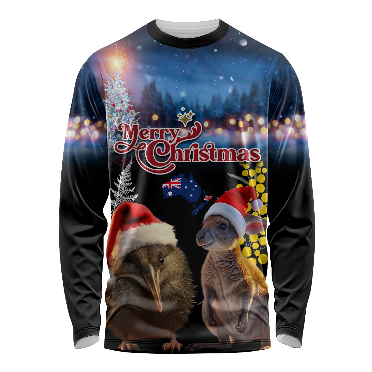 New Zealand and Australia Merry Christmas Long Sleeve Shirt Kiwi Bird and Kangaroo Xmas Vibe