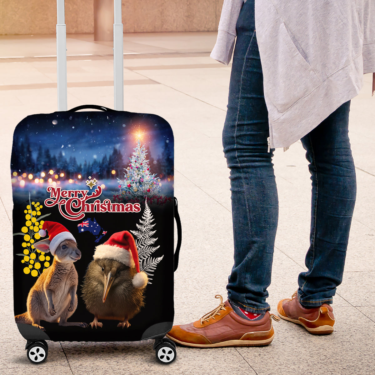 New Zealand and Australia Merry Christmas Luggage Cover Kiwi Bird and Kangaroo Xmas Vibe