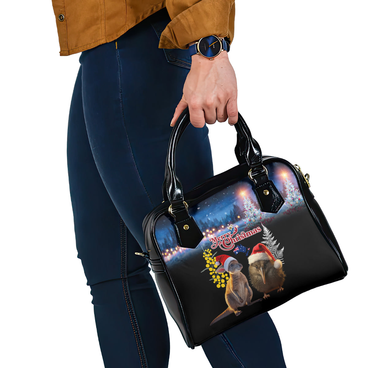 New Zealand and Australia Merry Christmas Shoulder Handbag Kiwi Bird and Kangaroo Xmas Vibe
