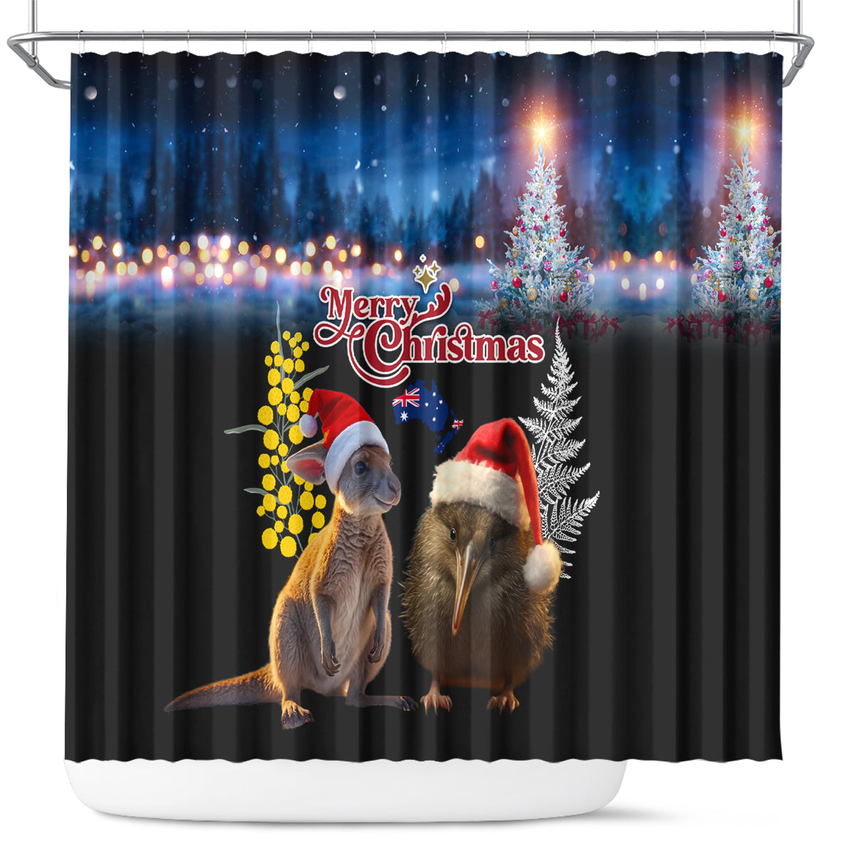 New Zealand and Australia Merry Christmas Shower Curtain Kiwi Bird and Kangaroo Xmas Vibe LT03 Black - Polynesian Pride
