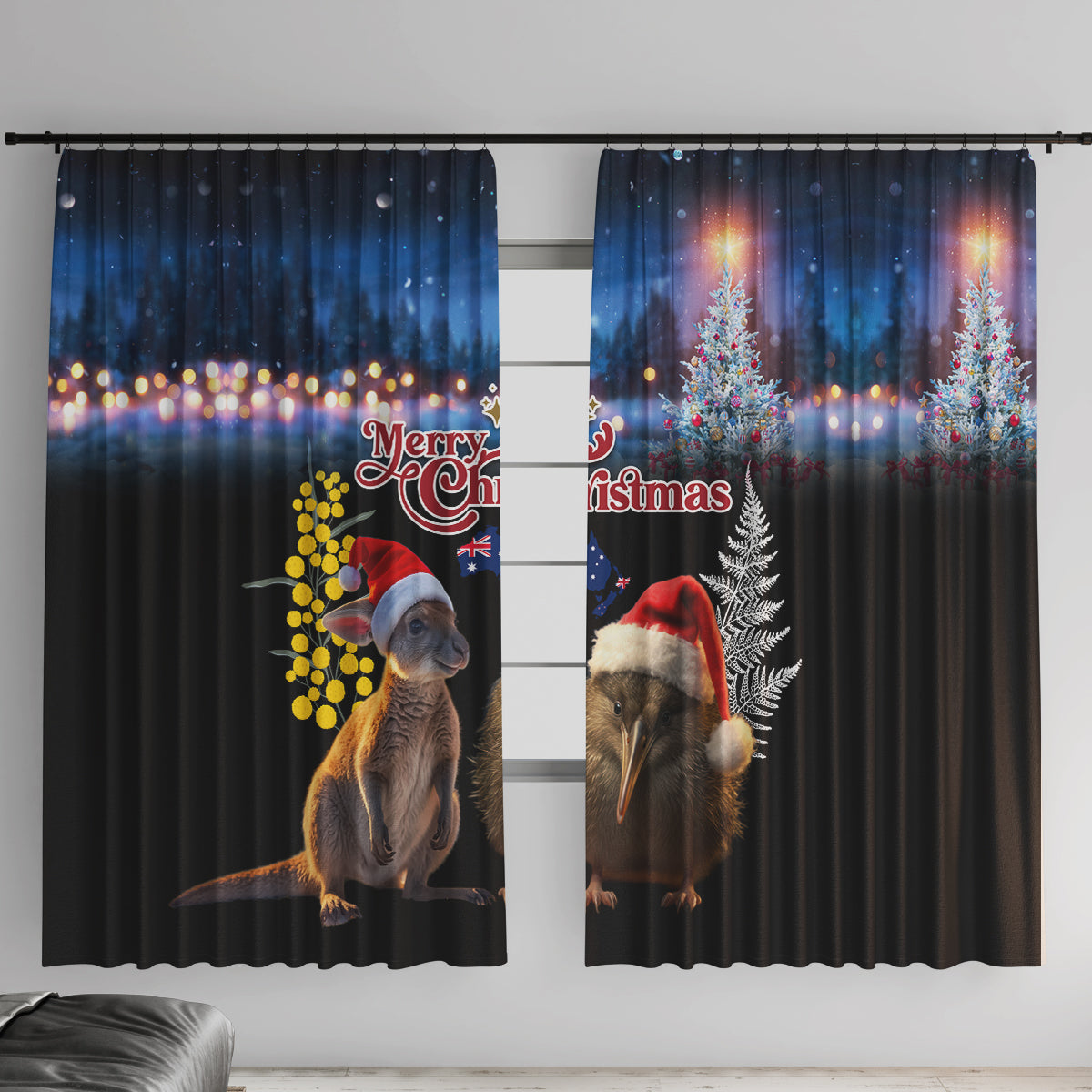 New Zealand and Australia Merry Christmas Window Curtain Kiwi Bird and Kangaroo Xmas Vibe LT03 With Hooks Black - Polynesian Pride