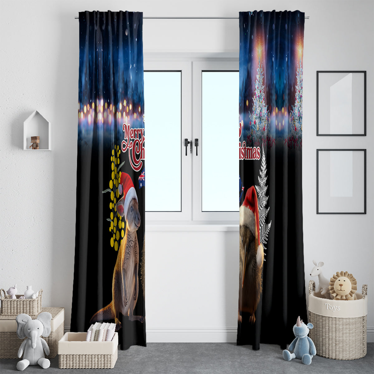 New Zealand and Australia Merry Christmas Window Curtain Kiwi Bird and Kangaroo Xmas Vibe