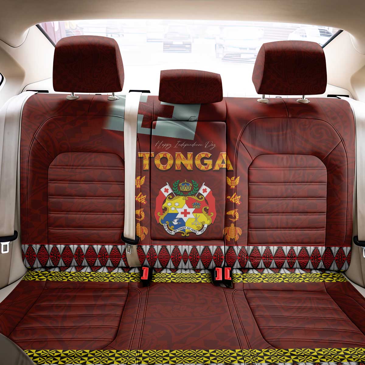 Tonga Independence Day Back Car Seat Cover National Flag and Emblem with Ngatu Art Pattern