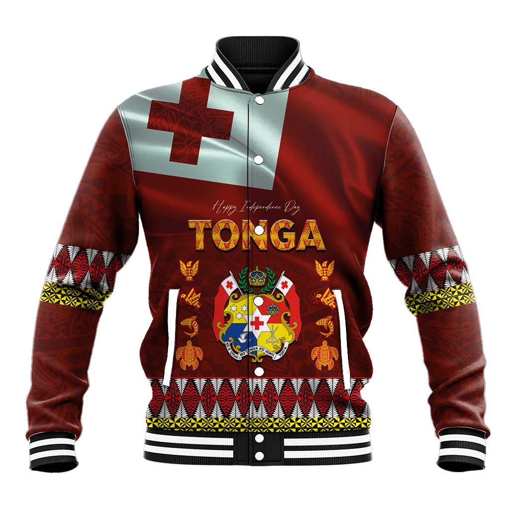 Tonga Independence Day Baseball Jacket National Flag and Emblem with Ngatu Art Pattern LT03 Unisex Red - Polynesian Pride