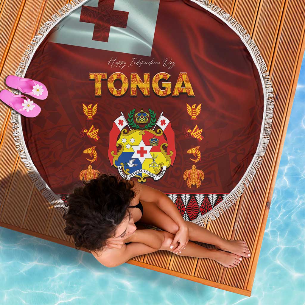 Tonga Independence Day Beach Blanket National Flag and Emblem with Ngatu Art Pattern