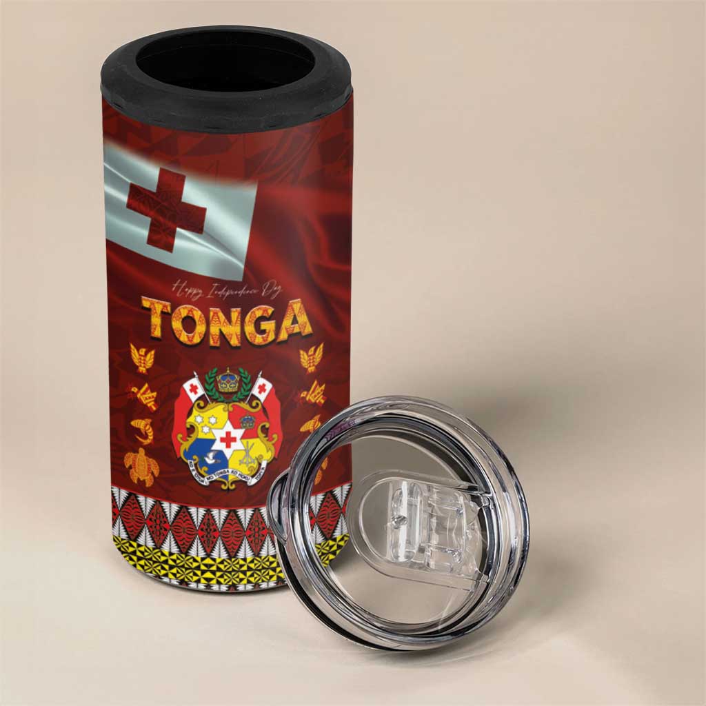 Tonga Independence Day 4 in 1 Can Cooler Tumbler National Flag and Emblem with Ngatu Art Pattern