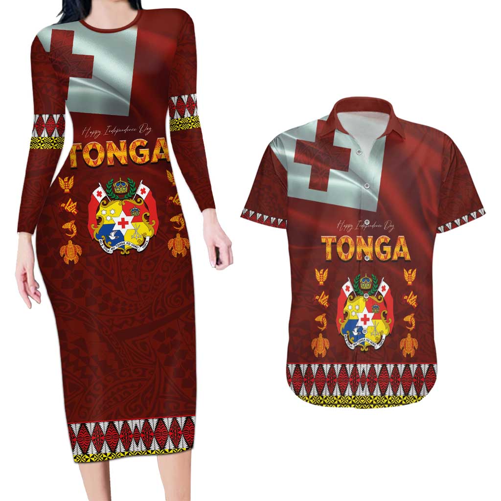 Tonga Independence Day Couples Matching Long Sleeve Bodycon Dress and Hawaiian Shirt National Flag and Emblem with Ngatu Art Pattern LT03 Red - Polynesian Pride
