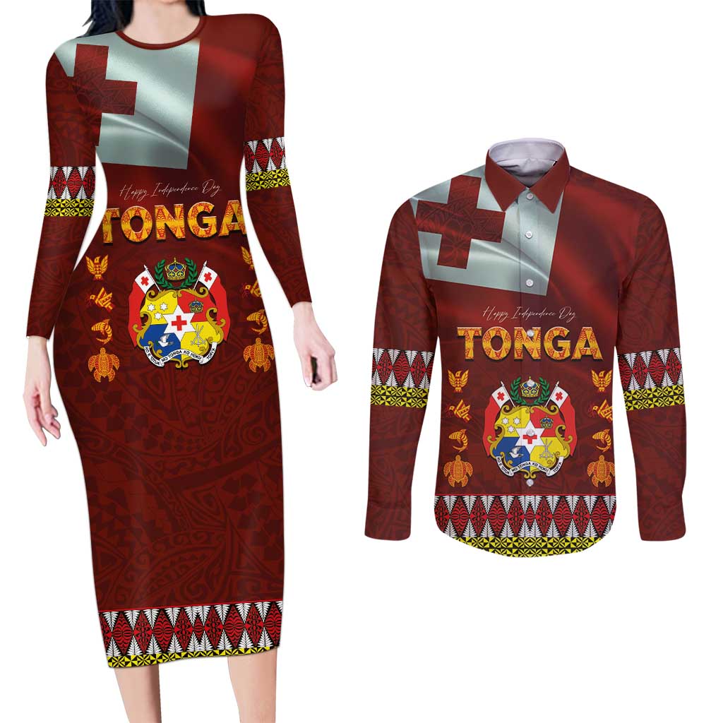Tonga Independence Day Couples Matching Long Sleeve Bodycon Dress and Long Sleeve Button Shirt National Flag and Emblem with Ngatu Art Pattern