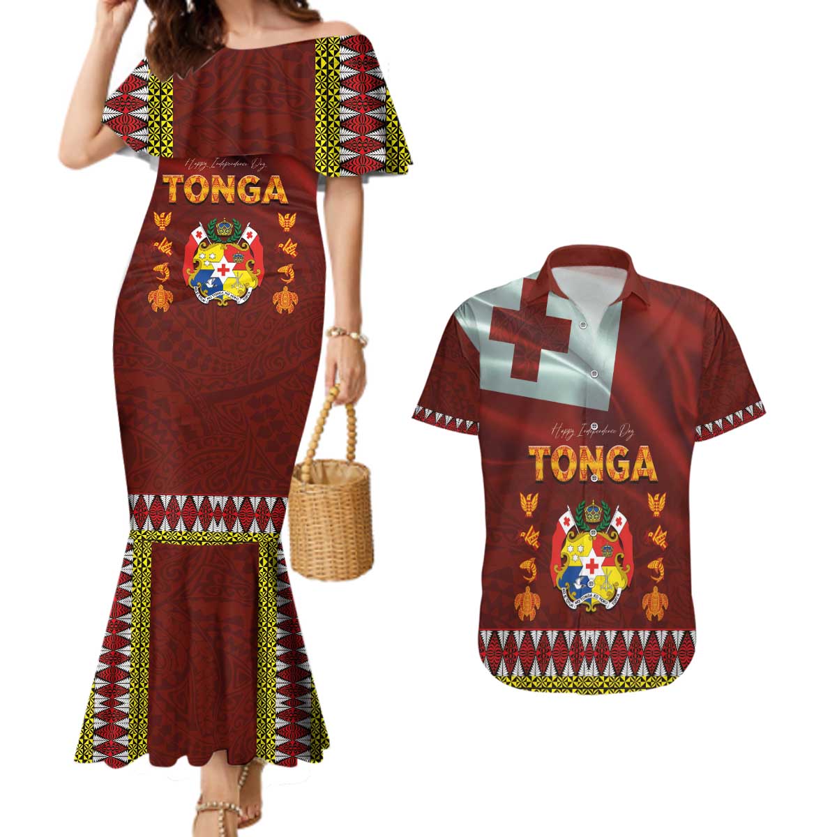 Tonga Independence Day Couples Matching Mermaid Dress and Hawaiian Shirt National Flag and Emblem with Ngatu Art Pattern