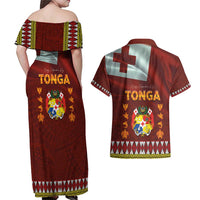 Tonga Independence Day Couples Matching Off Shoulder Maxi Dress and Hawaiian Shirt National Flag and Emblem with Ngatu Art Pattern