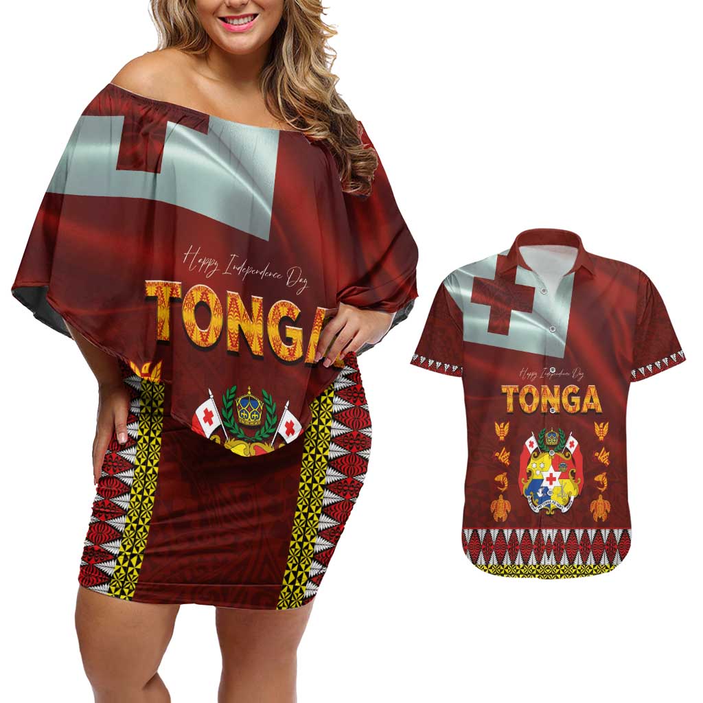 Tonga Independence Day Couples Matching Off Shoulder Short Dress and Hawaiian Shirt National Flag and Emblem with Ngatu Art Pattern