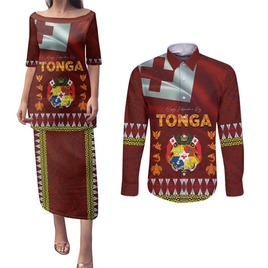 Tonga Independence Day Couples Matching Puletasi and Long Sleeve Button Shirt National Flag and Emblem with Ngatu Art Pattern LT03 Red - Polynesian Pride