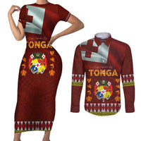 Tonga Independence Day Couples Matching Short Sleeve Bodycon Dress and Long Sleeve Button Shirt National Flag and Emblem with Ngatu Art Pattern