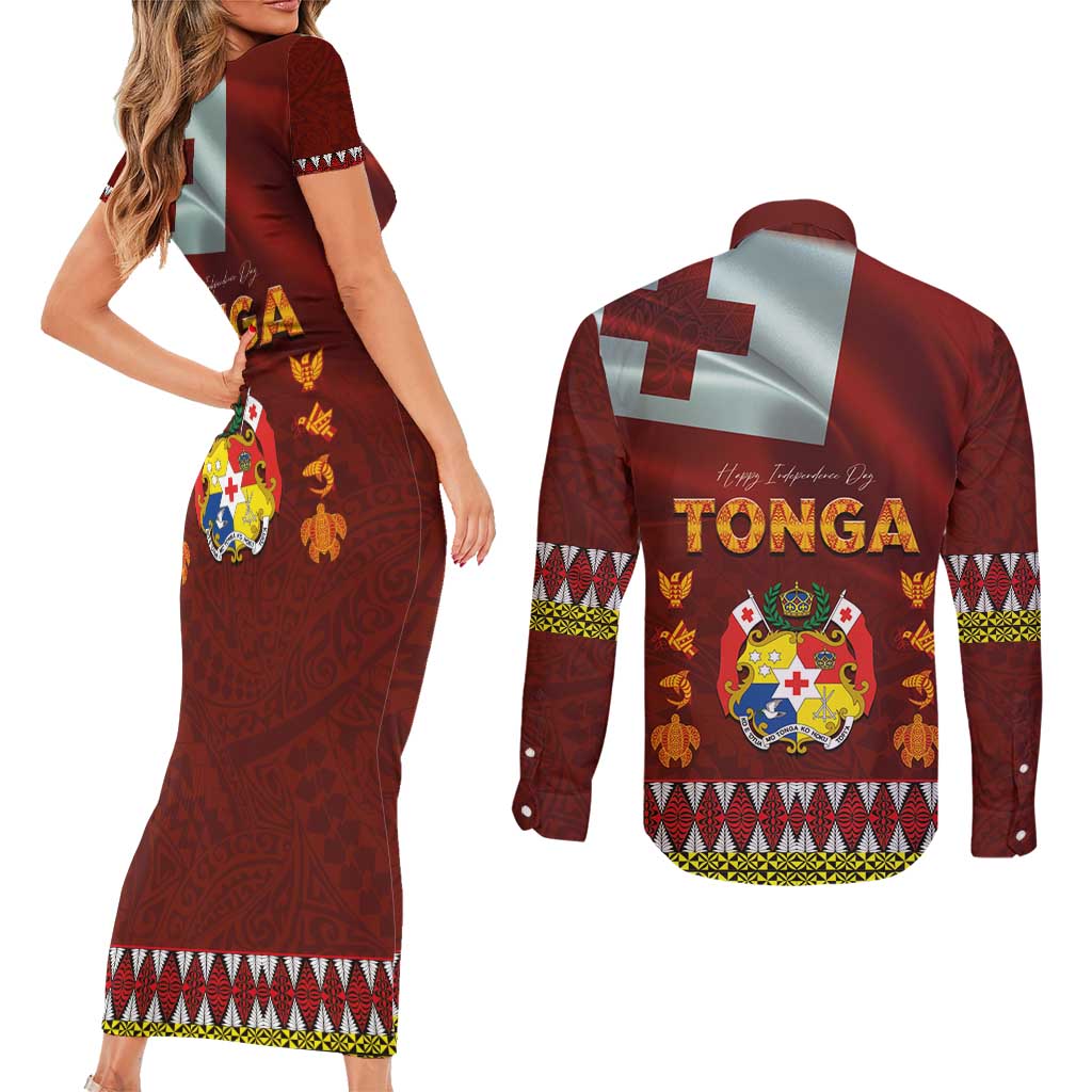 Tonga Independence Day Couples Matching Short Sleeve Bodycon Dress and Long Sleeve Button Shirt National Flag and Emblem with Ngatu Art Pattern