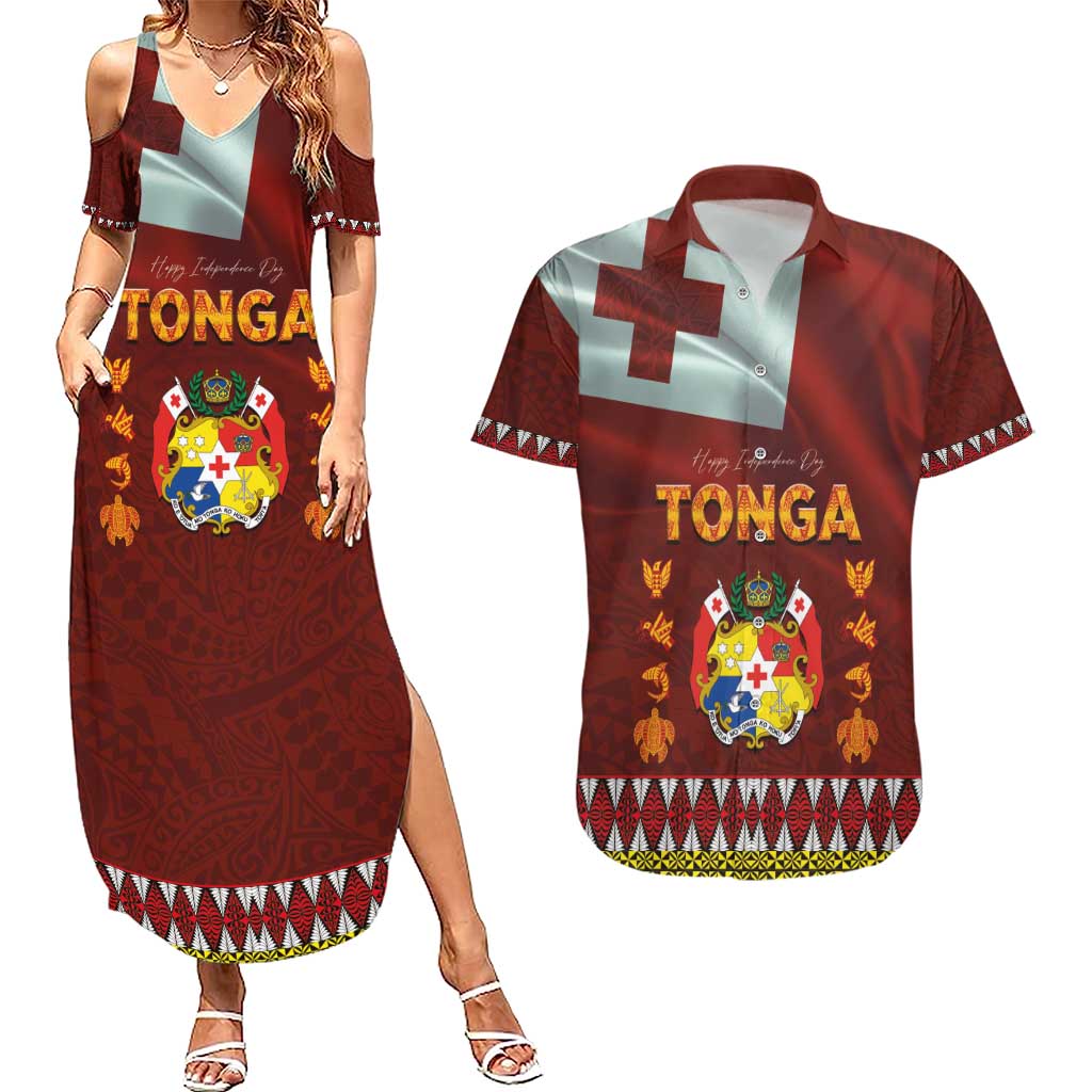 Tonga Independence Day Couples Matching Summer Maxi Dress and Hawaiian Shirt National Flag and Emblem with Ngatu Art Pattern LT03 Red - Polynesian Pride
