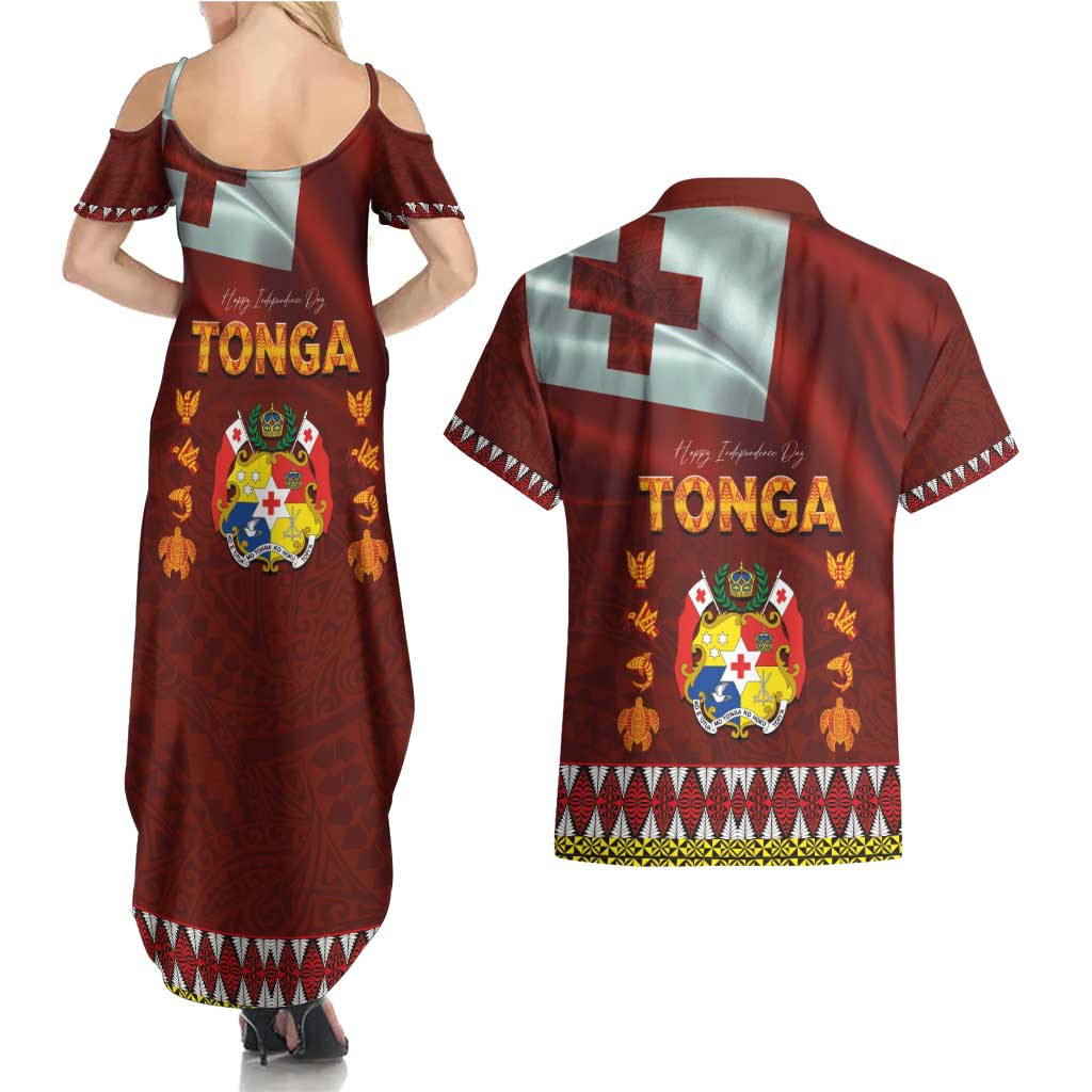 Tonga Independence Day Couples Matching Summer Maxi Dress and Hawaiian Shirt National Flag and Emblem with Ngatu Art Pattern