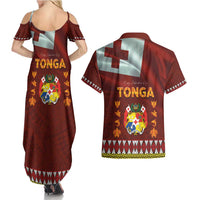 Tonga Independence Day Couples Matching Summer Maxi Dress and Hawaiian Shirt National Flag and Emblem with Ngatu Art Pattern
