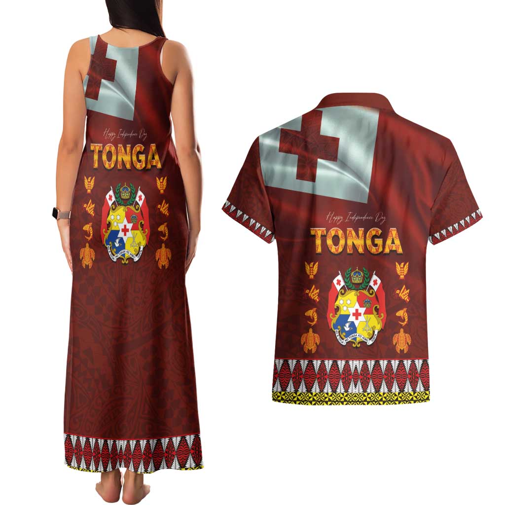 Tonga Independence Day Couples Matching Tank Maxi Dress and Hawaiian Shirt National Flag and Emblem with Ngatu Art Pattern