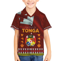 Tonga Independence Day Family Matching Long Sleeve Bodycon Dress and Hawaiian Shirt National Flag and Emblem with Ngatu Art Pattern LT03 Son's Shirt Red - Polynesian Pride