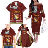 Tonga Independence Day Family Matching Off The Shoulder Long Sleeve Dress and Hawaiian Shirt National Flag and Emblem with Ngatu Art Pattern