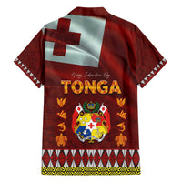 Tonga Independence Day Family Matching Off The Shoulder Long Sleeve Dress and Hawaiian Shirt National Flag and Emblem with Ngatu Art Pattern